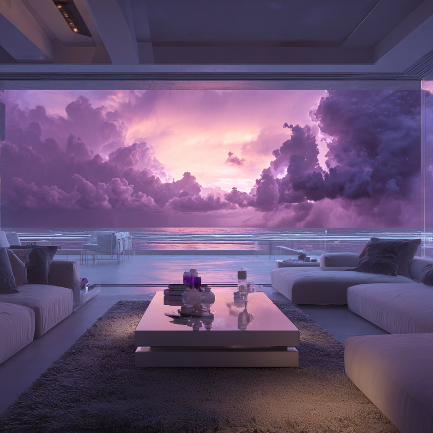 Shop Best Sellers Thumbnail Modern living room visual with a large window showing a dramatic sky with clouds.