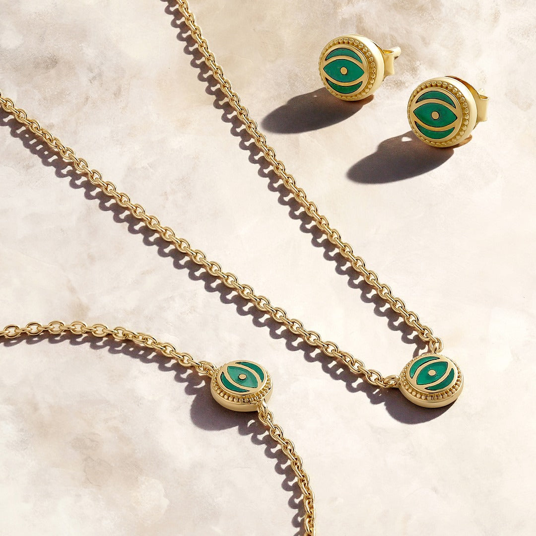 Verdant Guardian - Emerald Agate May Birthstone Evil Eye Gold Bracelet