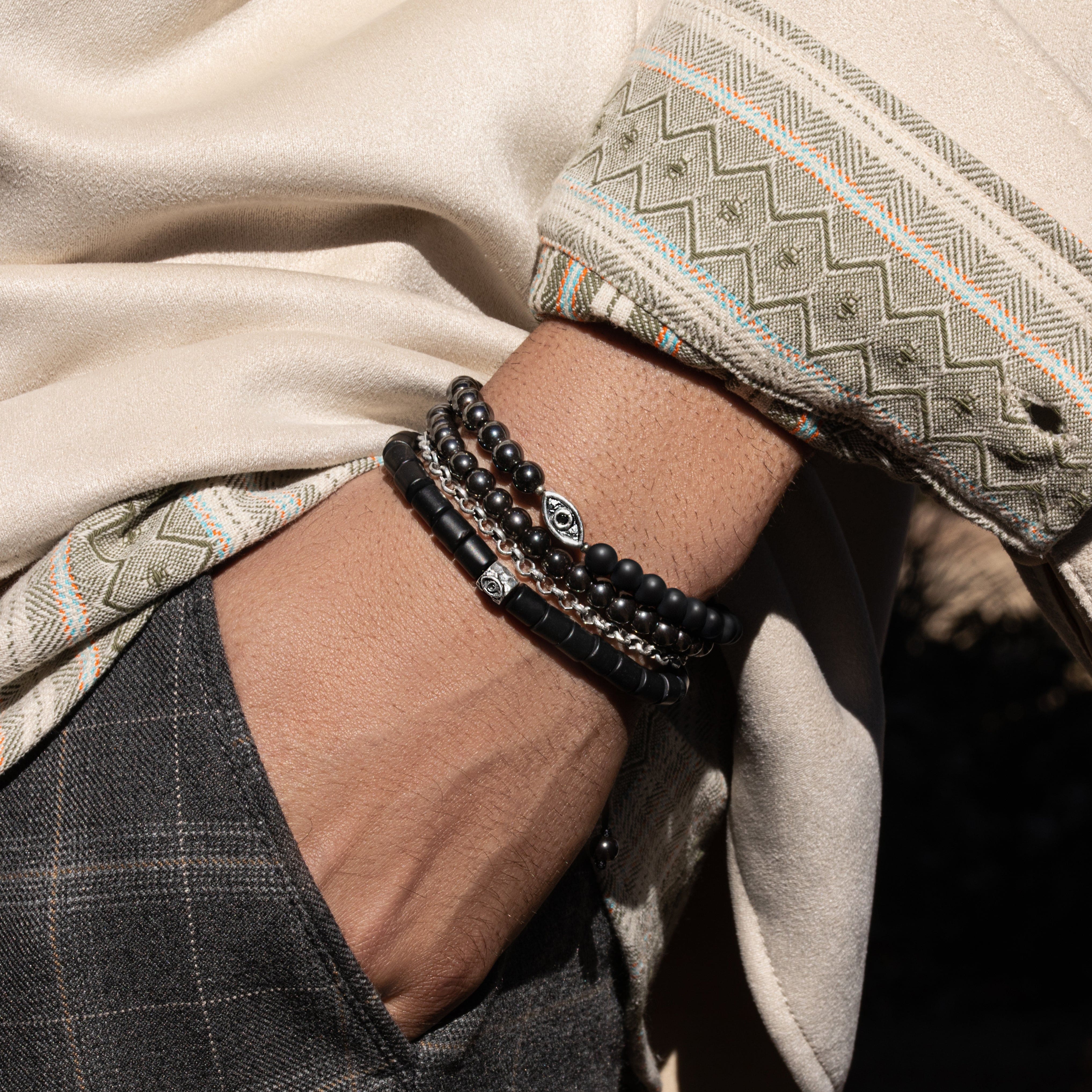 Stay Grounded - Hematite Matte Onyx Evil Eye Charm Bracelet