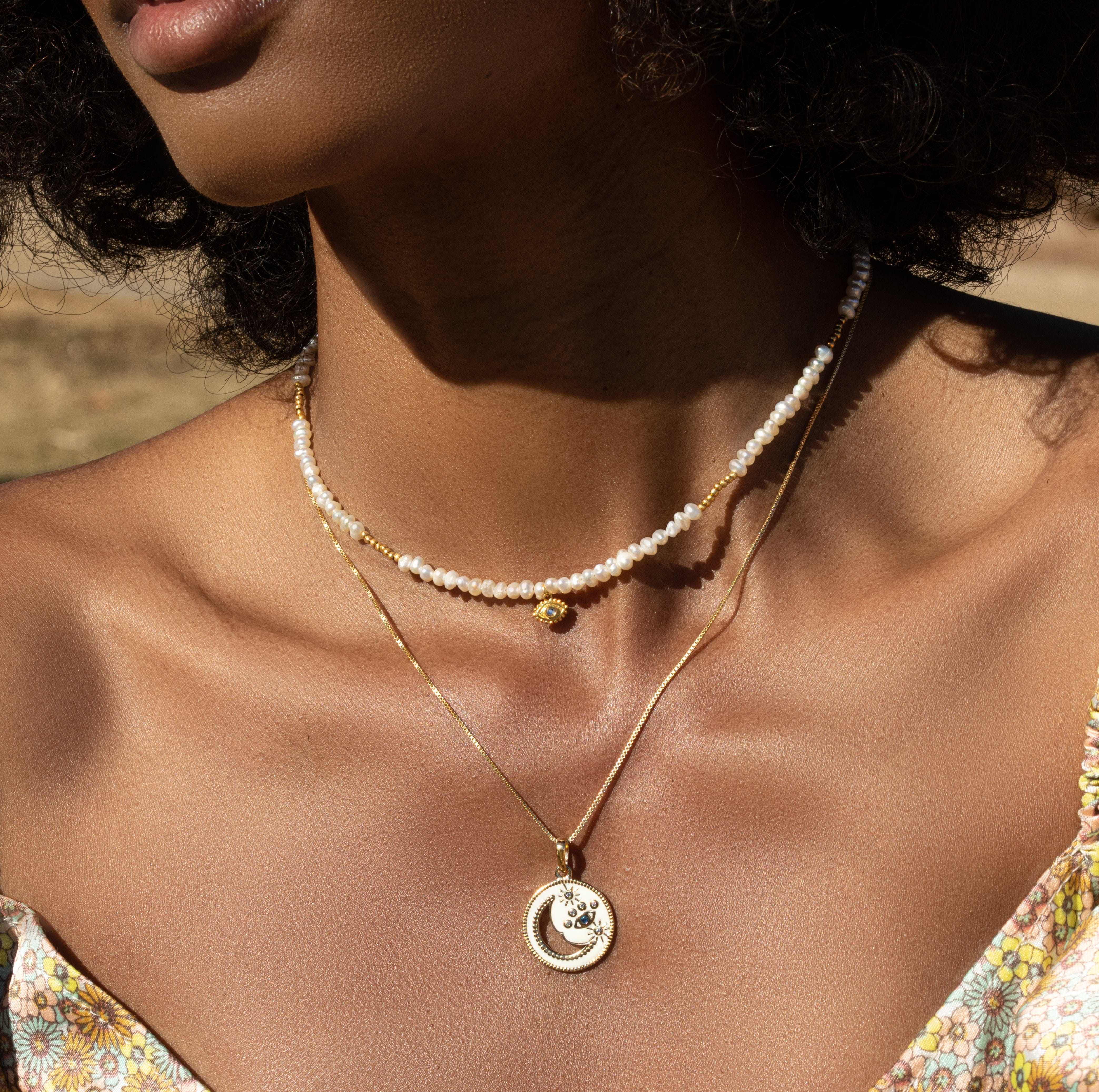Celestial Impression - White Enamel Moon & Stars Necklace