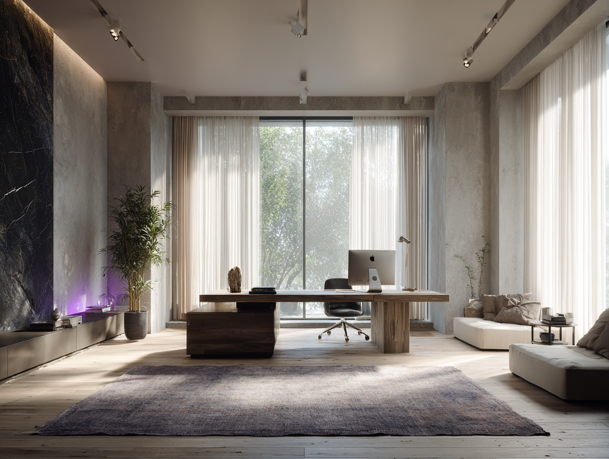 Shop the New Arrivals at Dream Daringly Designs visual of a Modern office with a large desk, chairs, and large windows with subtle crystal accents throughout