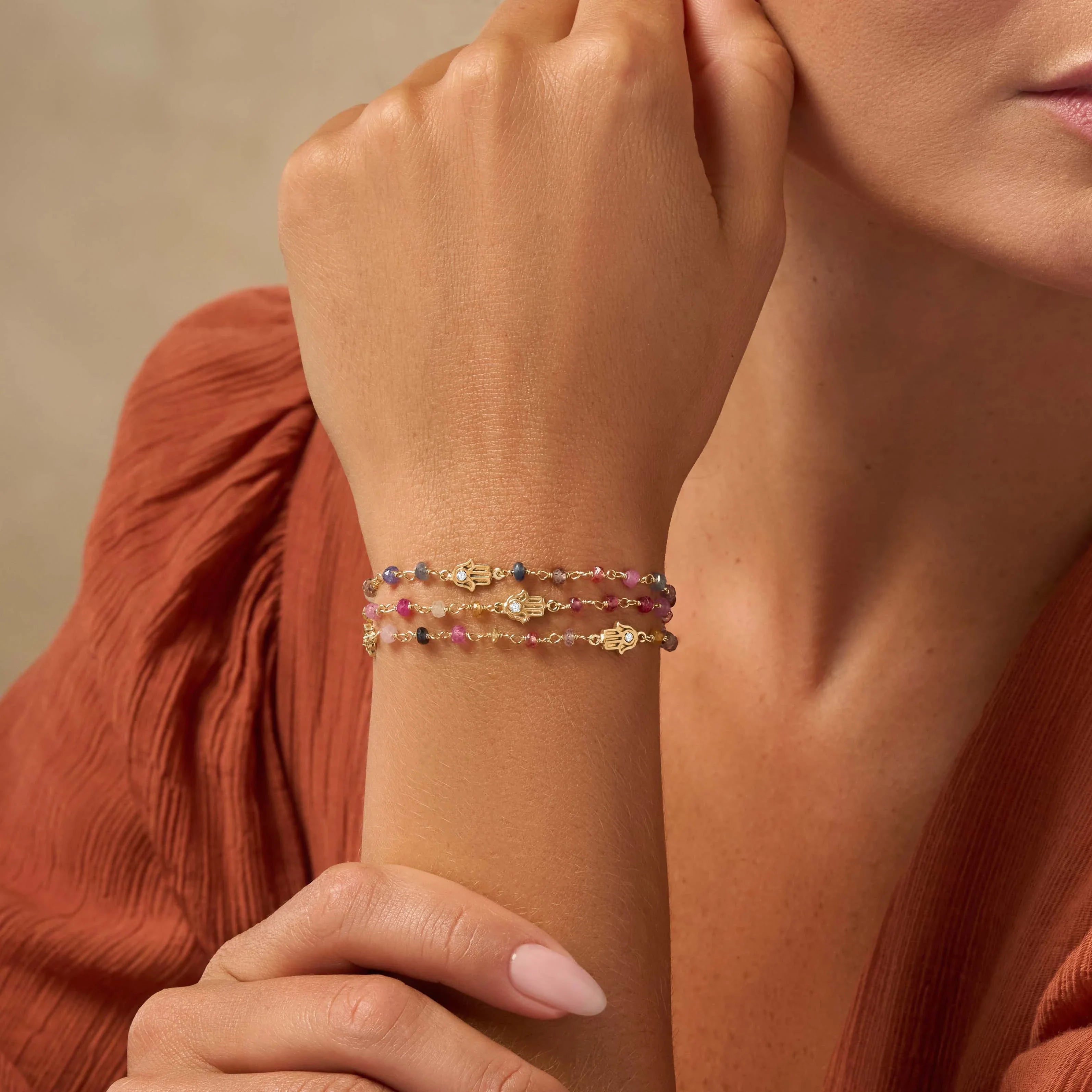 Nourished Intuition Multi-Sapphire Hamsa Gold Bracelet