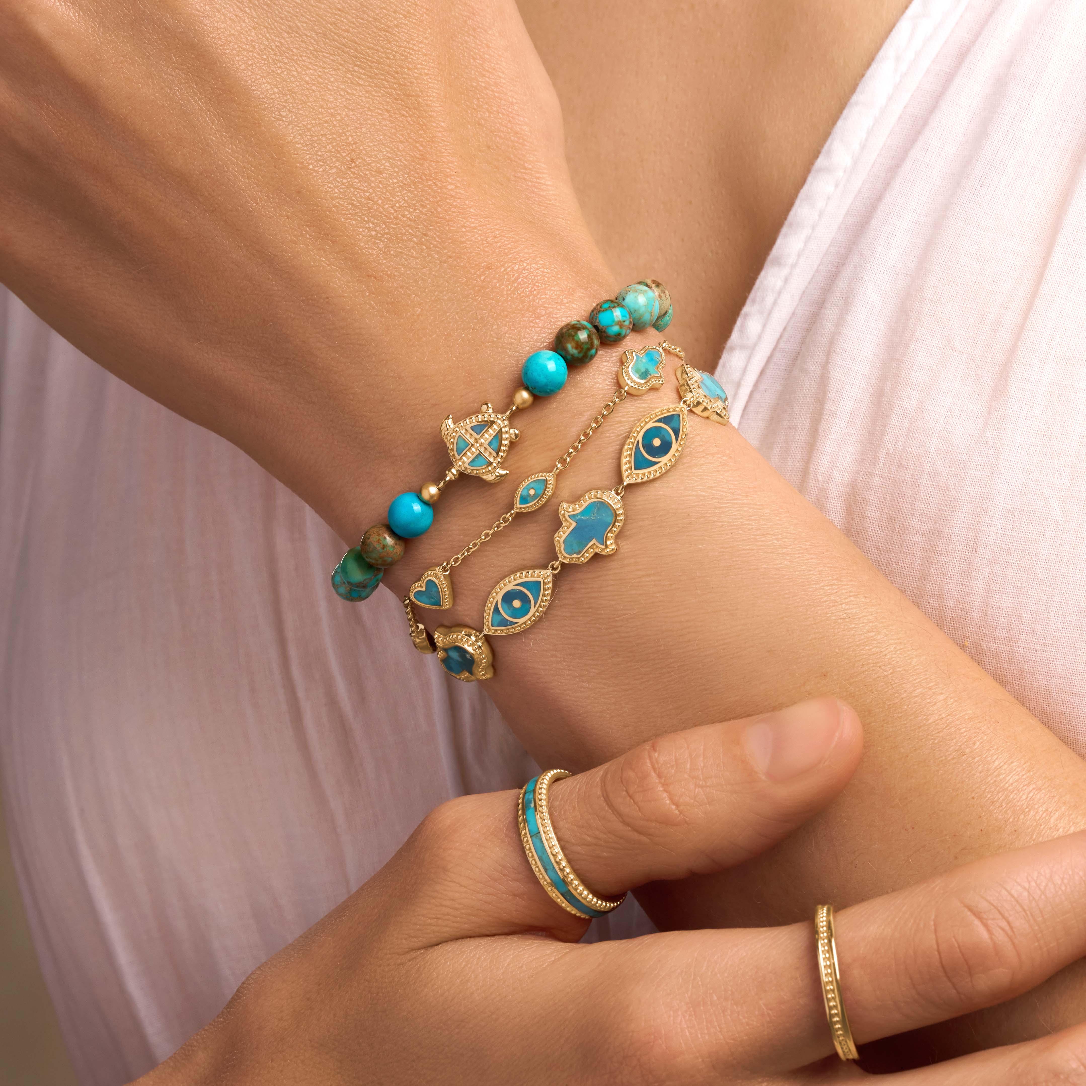 Deep Connections Turquoise Hamsa & Evil Eye Gold Bracelet