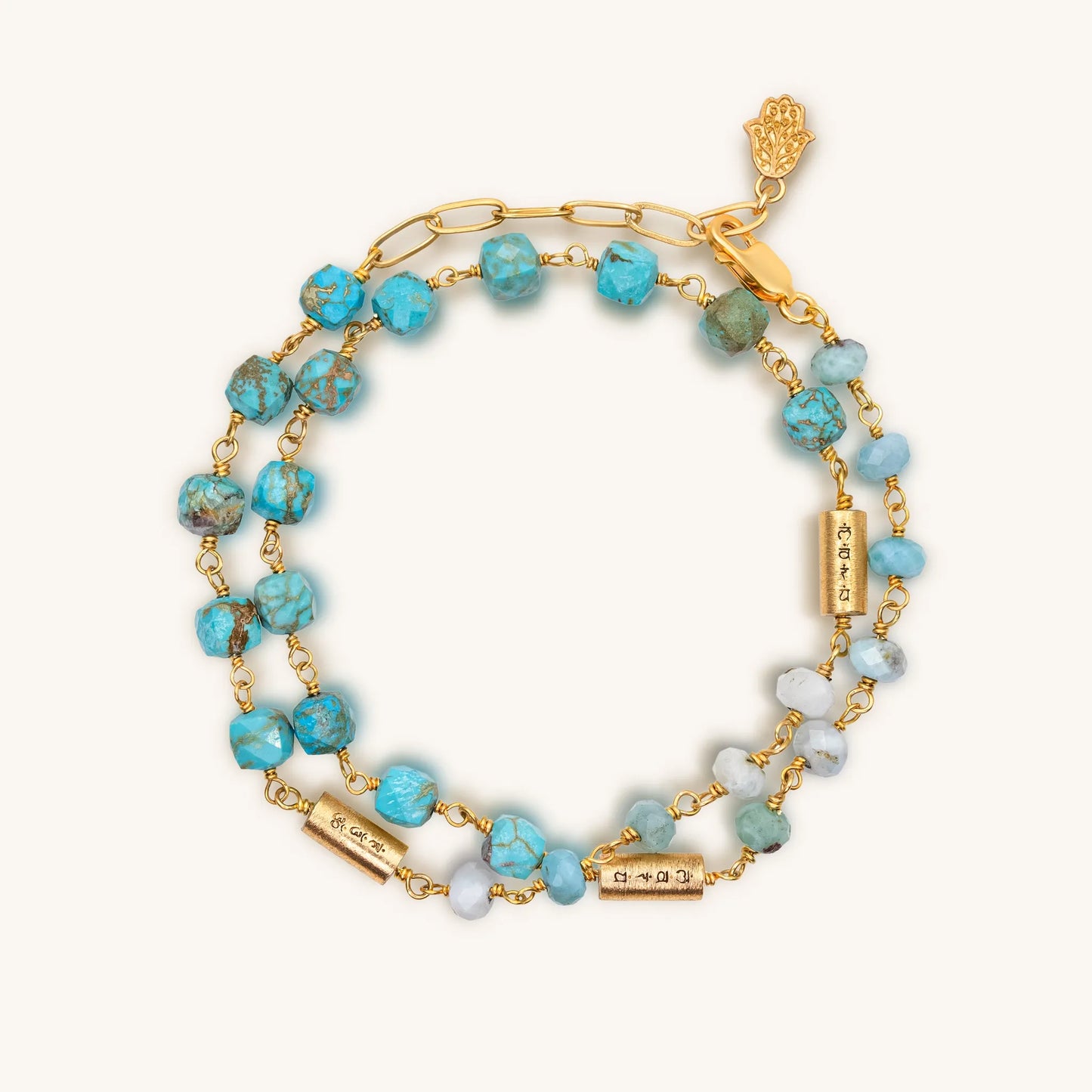 Soothing Abundance – Turquoise Larimar Mantra Wrap Bracelet