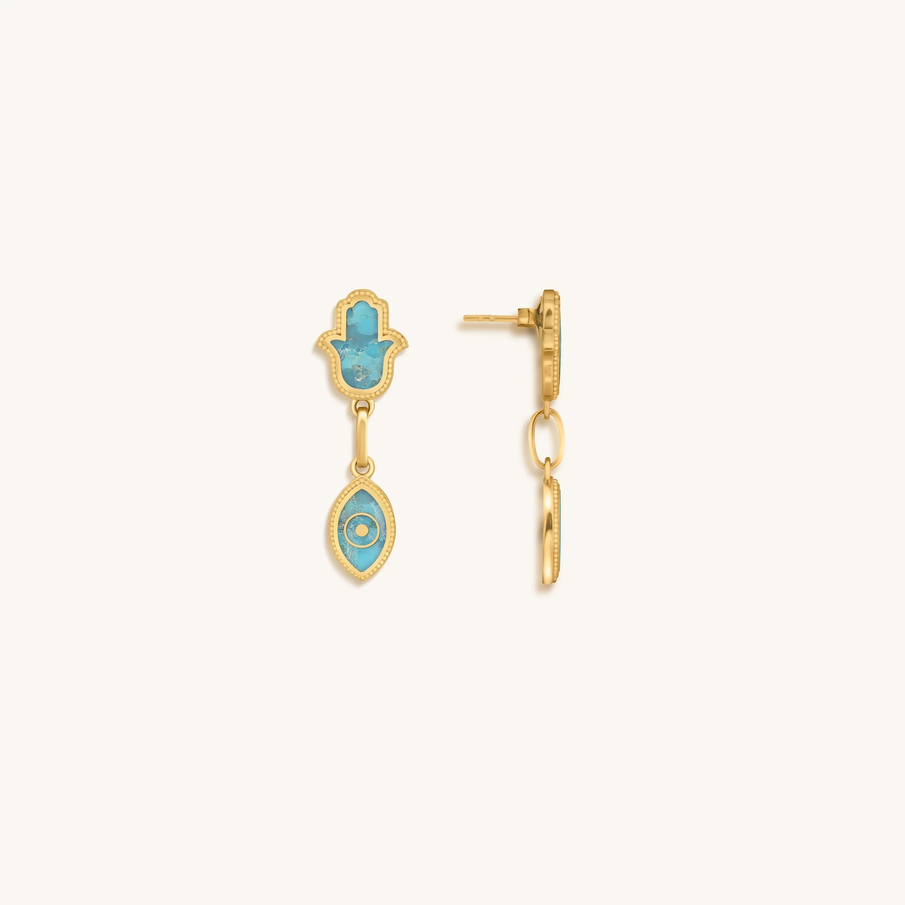 Peaceful Mindset Turquoise Evil Eye & Hamsa Gold Earrings