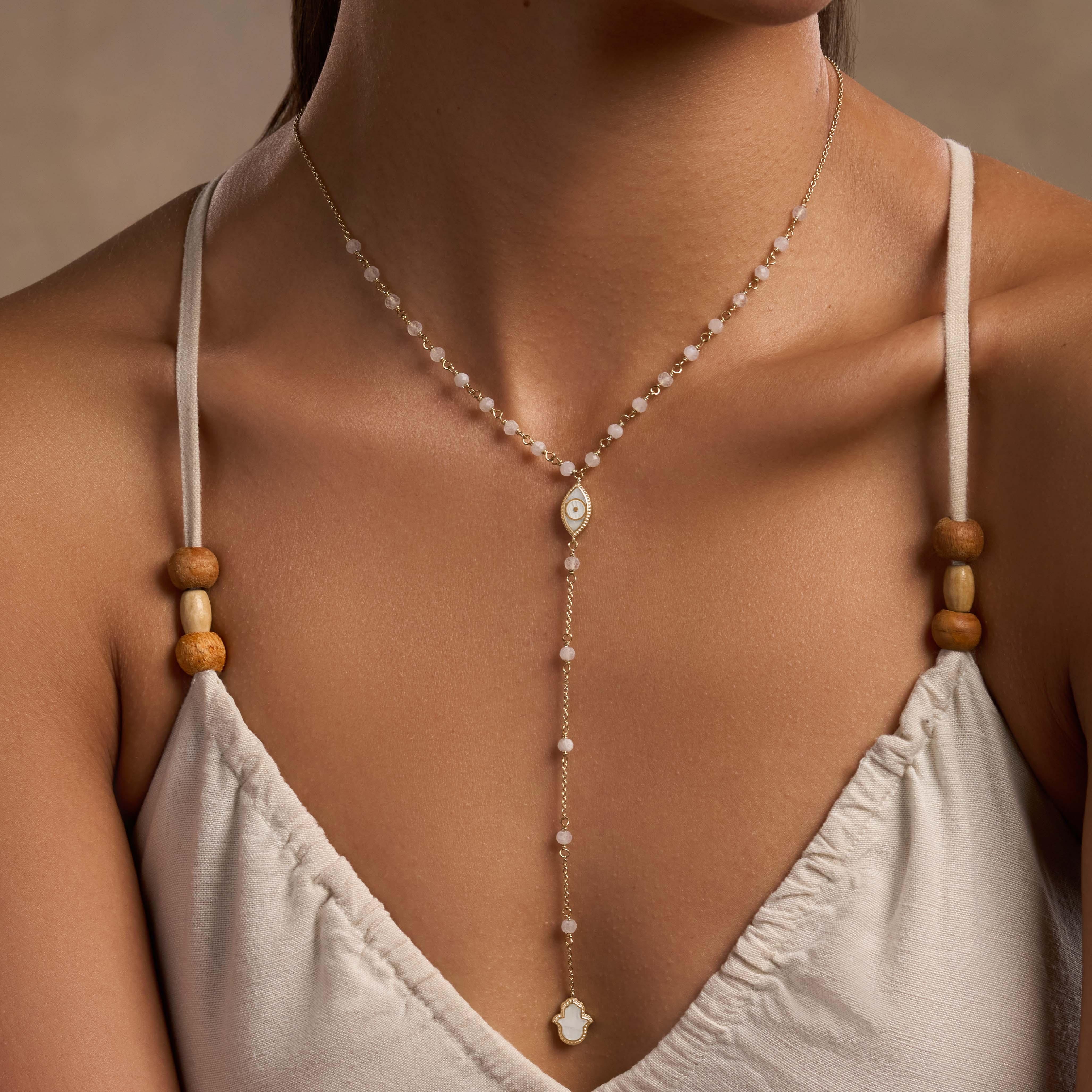 Fresh Ambition Moonstone Evil Eye & Hamsa Gold Necklace