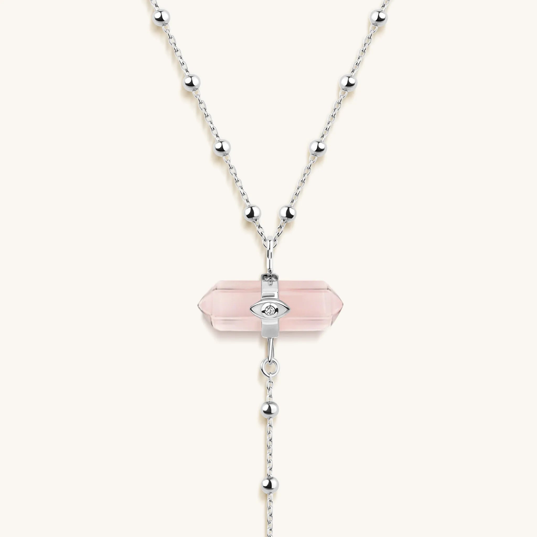Guided by Love - Rose Quartz Silver Evil Eye Necklace
