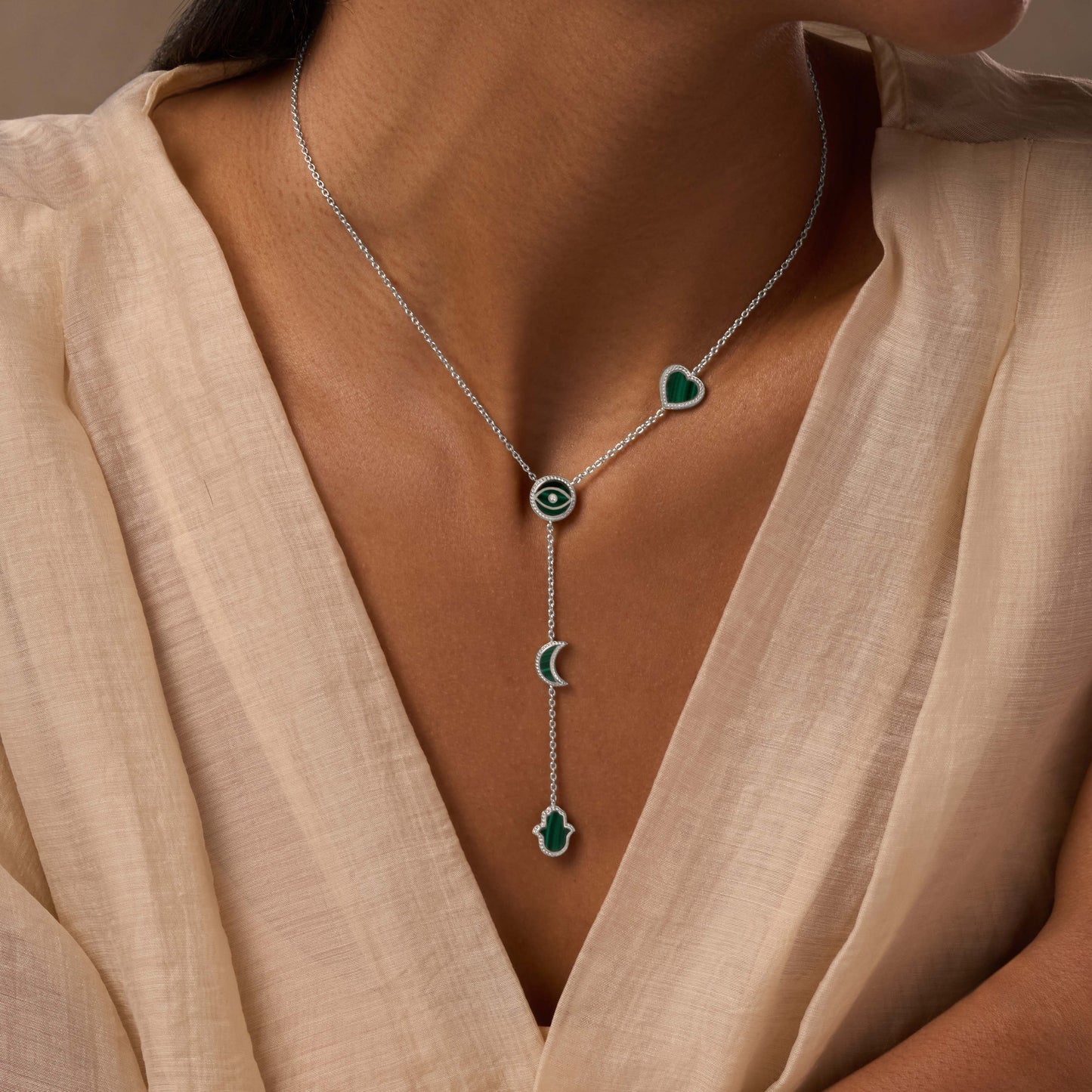 Celestial Guidance Malachite Multi-Symbol Silver Necklace