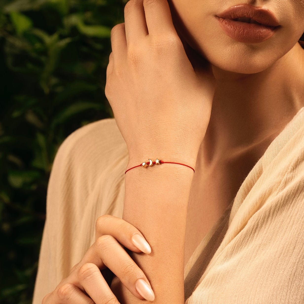 Cosmic Power - White Enamel Moon & Stars Red String Bracelet