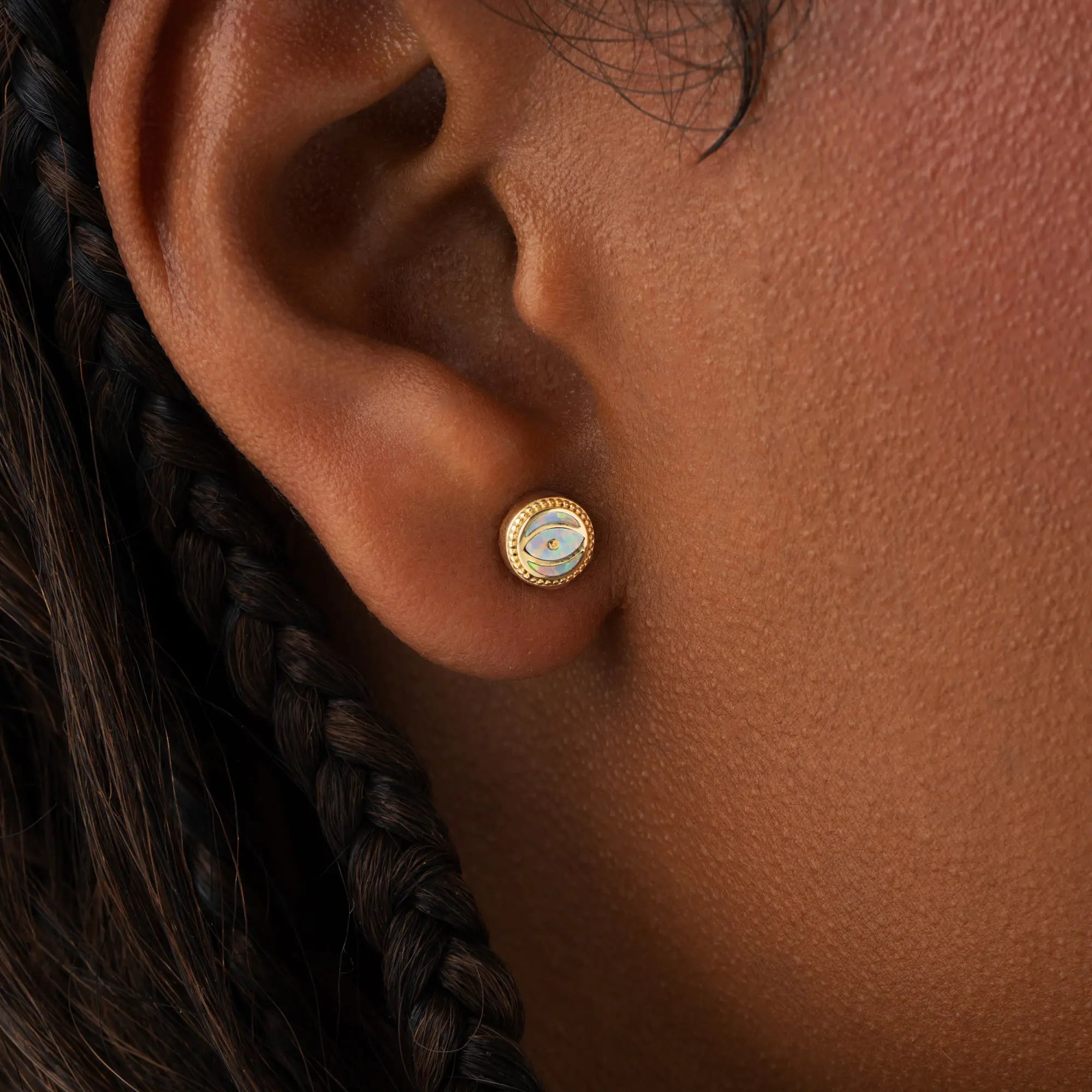 Luminous Shield - Opal October Birthstone Evil Eye Gold Stud Earrings