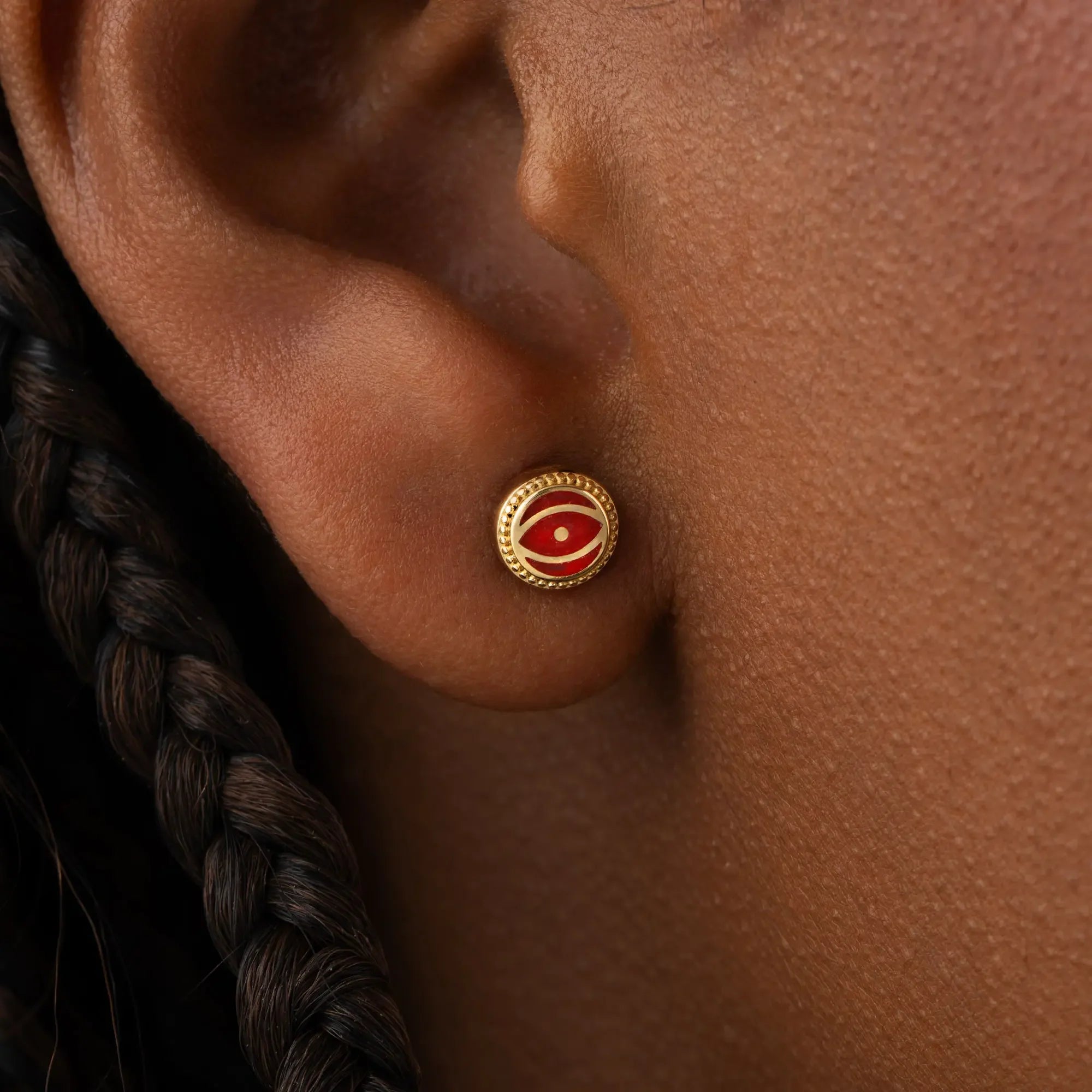 Crimson Guardian - Ruby Jade July Birthstone Evil Eye Gold Stud Earrings