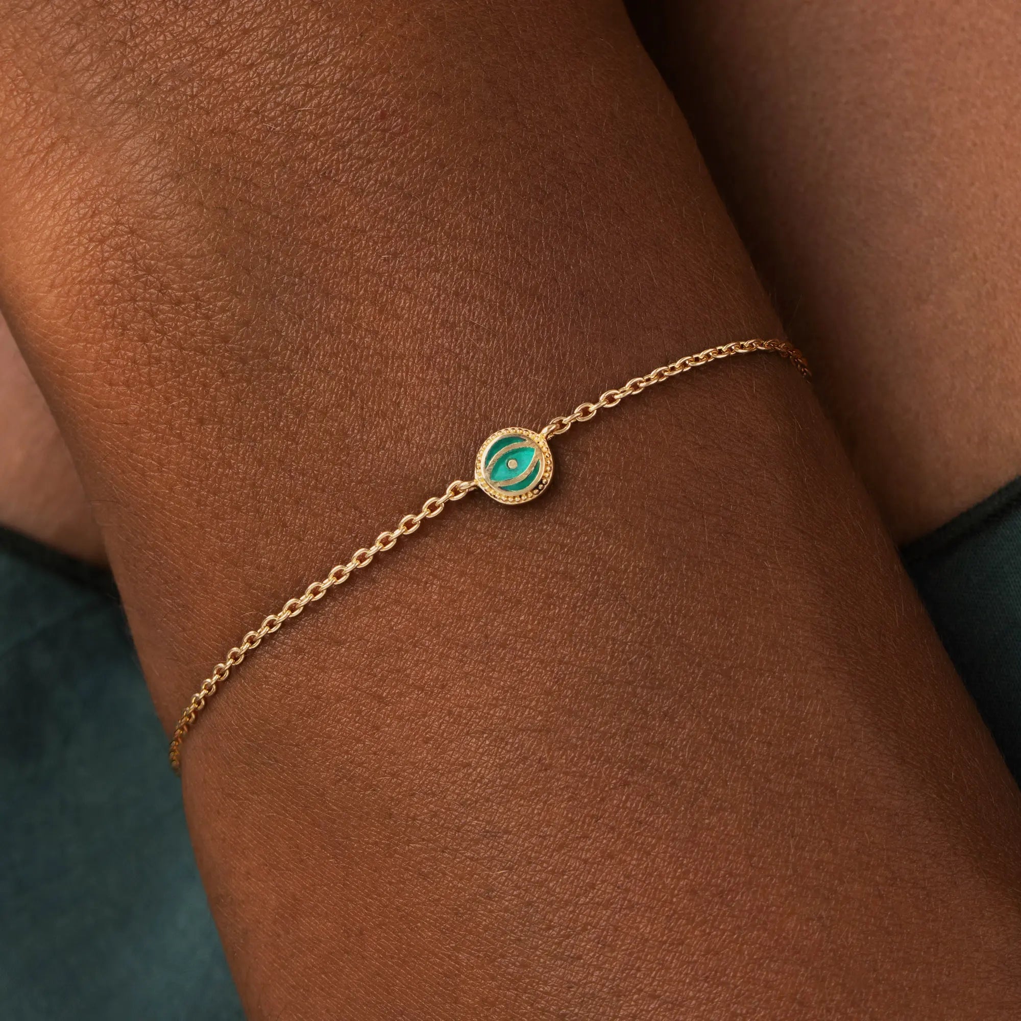 Verdant Guardian - Emerald Agate May Birthstone Evil Eye Gold Bracelet