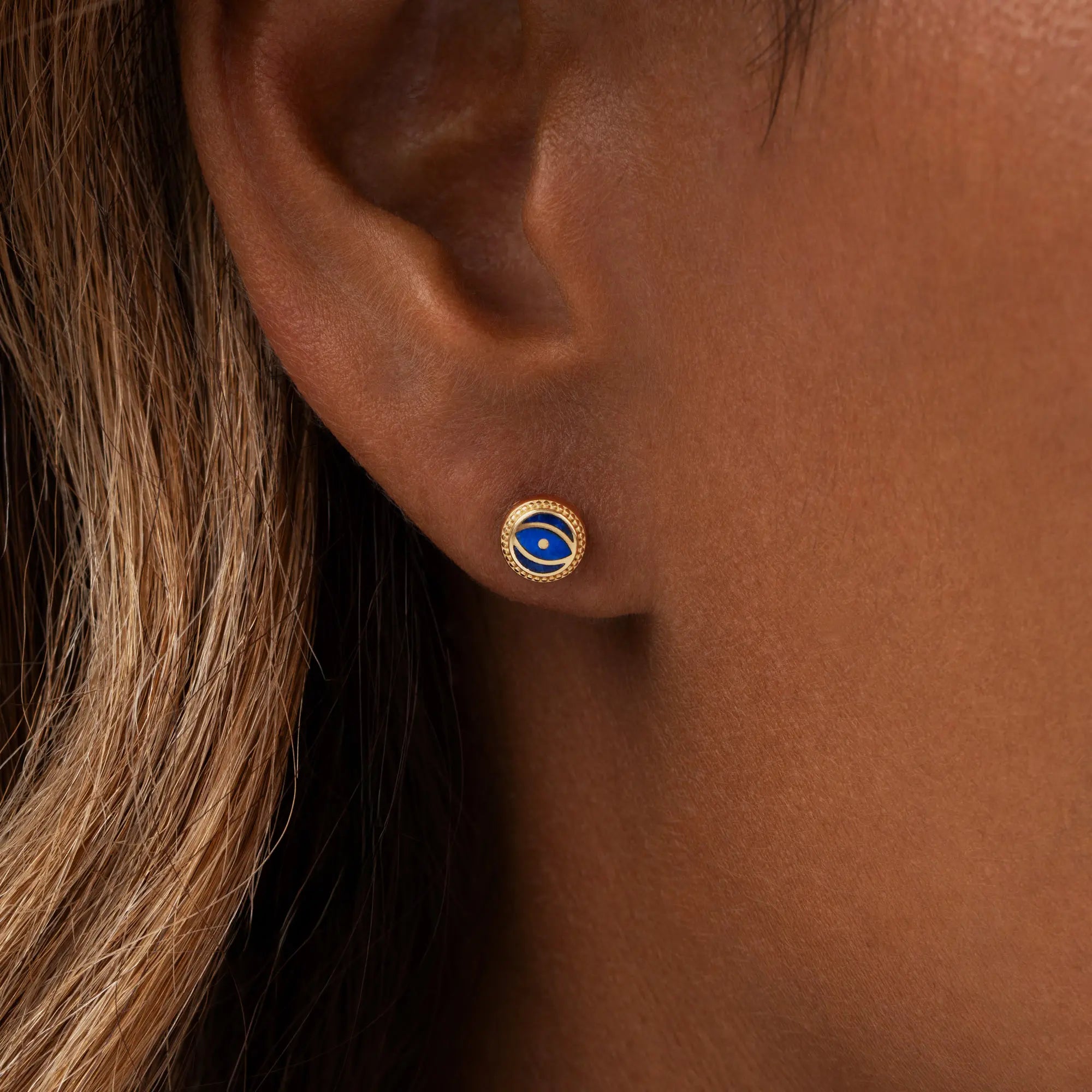 Midnight Guardian - Lapis September Birthstone Evil Eye Gold Stud Earrings