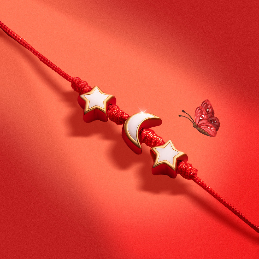 Cosmic Power - White Enamel Moon & Stars Red String Bracelet