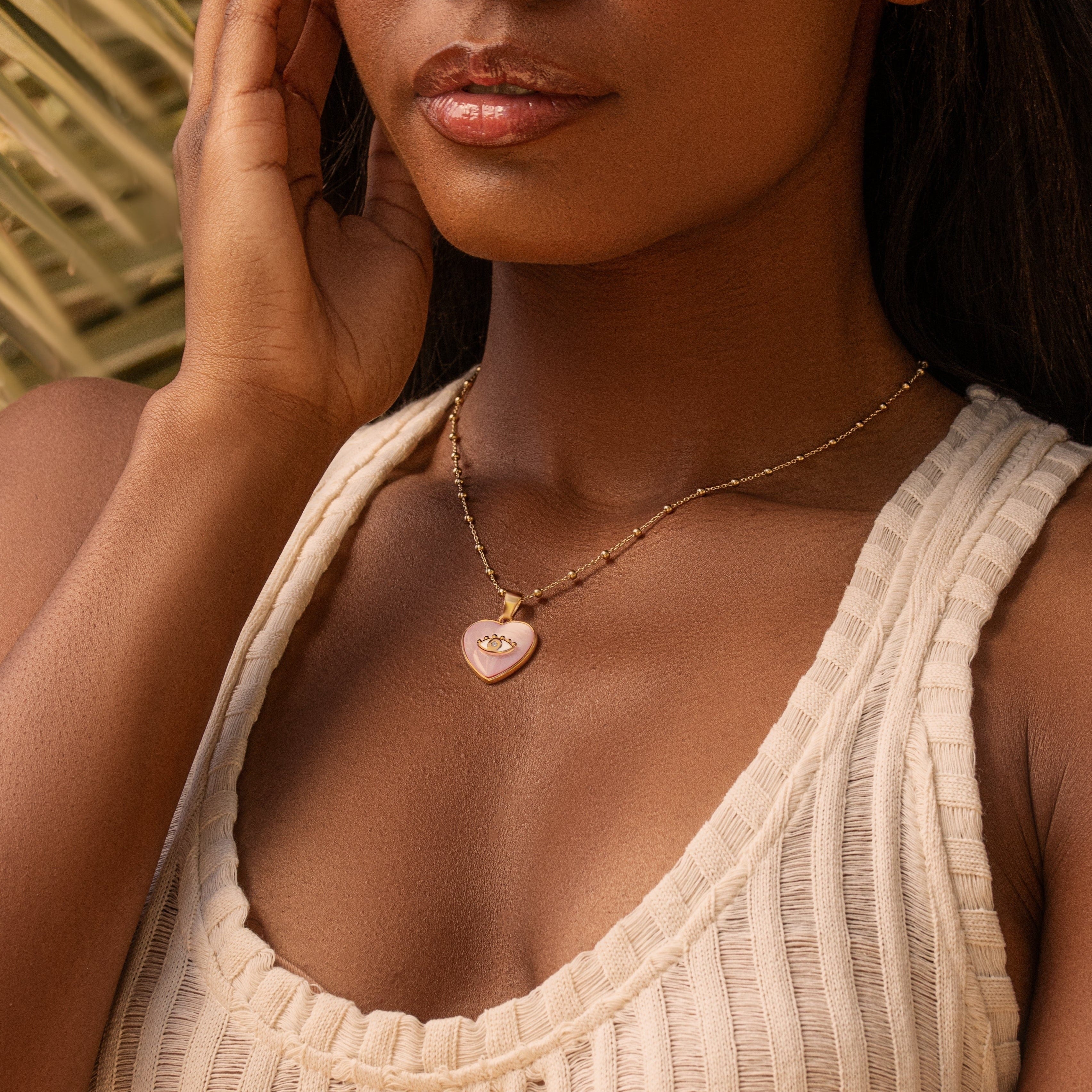 Harmonious Emotions - Mother Of Pearl Heart Evil Eye Necklace