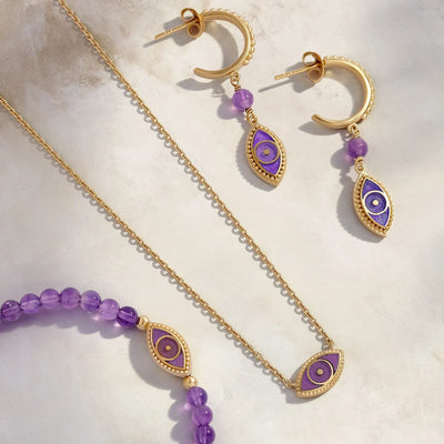 Radiant Clarity Amethyst Evil Eye Gold Earrings