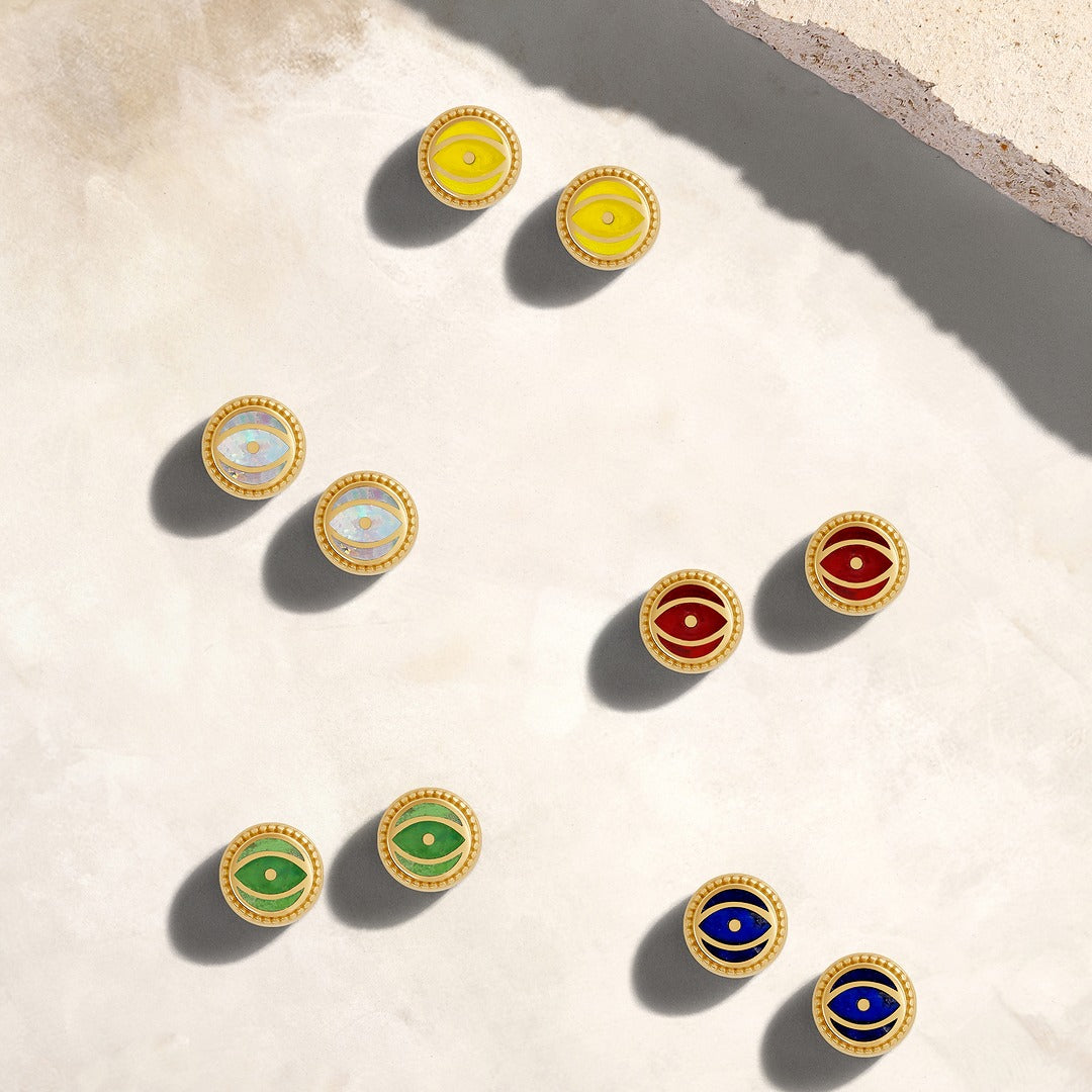 Luminous Shield - Opal October Birthstone Evil Eye Gold Stud Earrings