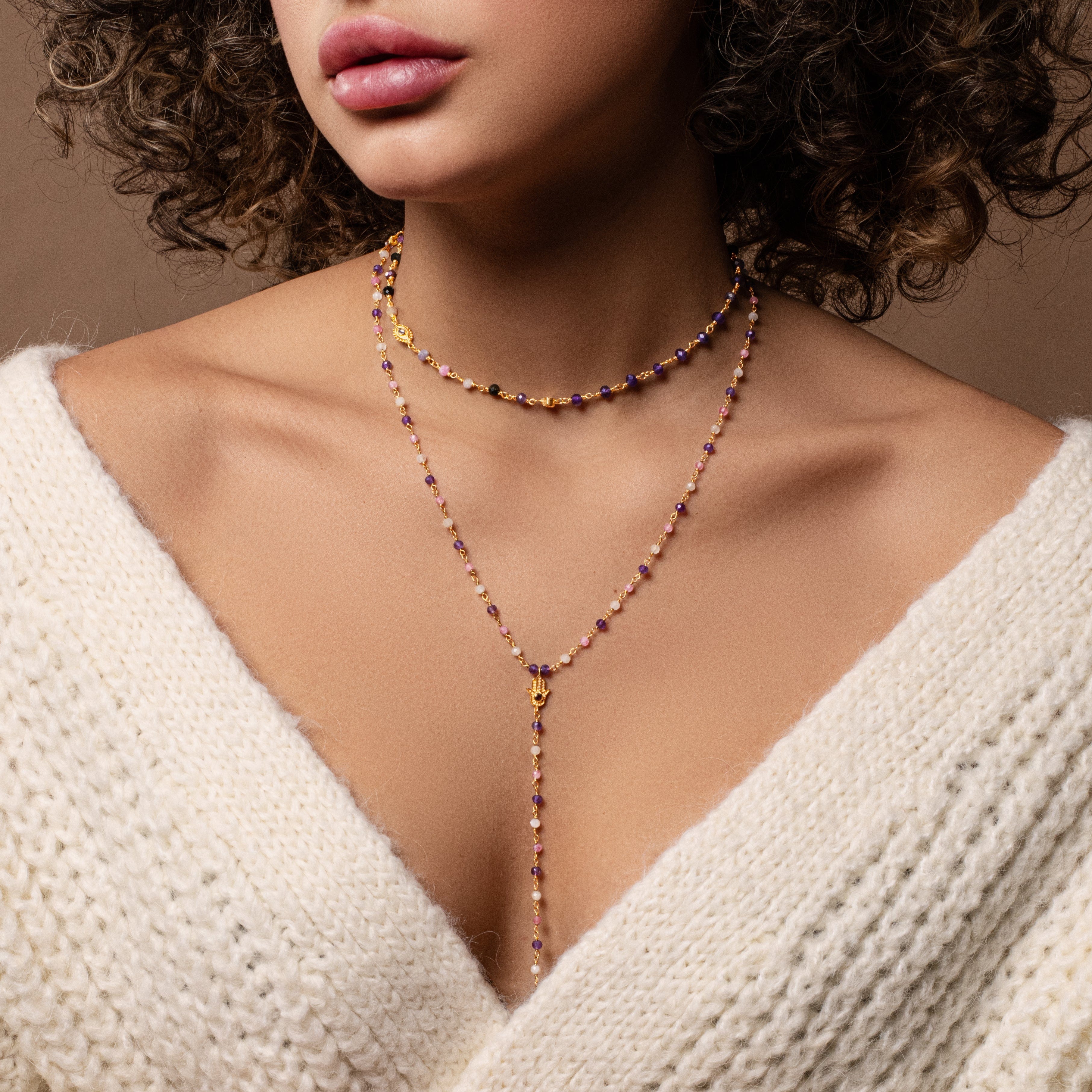 Tranquil Voice - Amethyst Rose Quartz Tourmaline Triple Protection Wrap