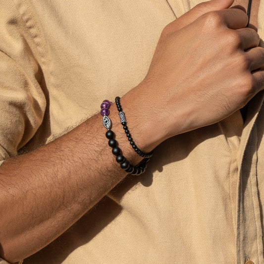 Soothing Protection - Amethyst Matte Onyx Evil Eye Charm Bracelet