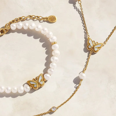 Intuition & Grace Rainbow Moonstone & Pearl Butterfly Gold Necklace