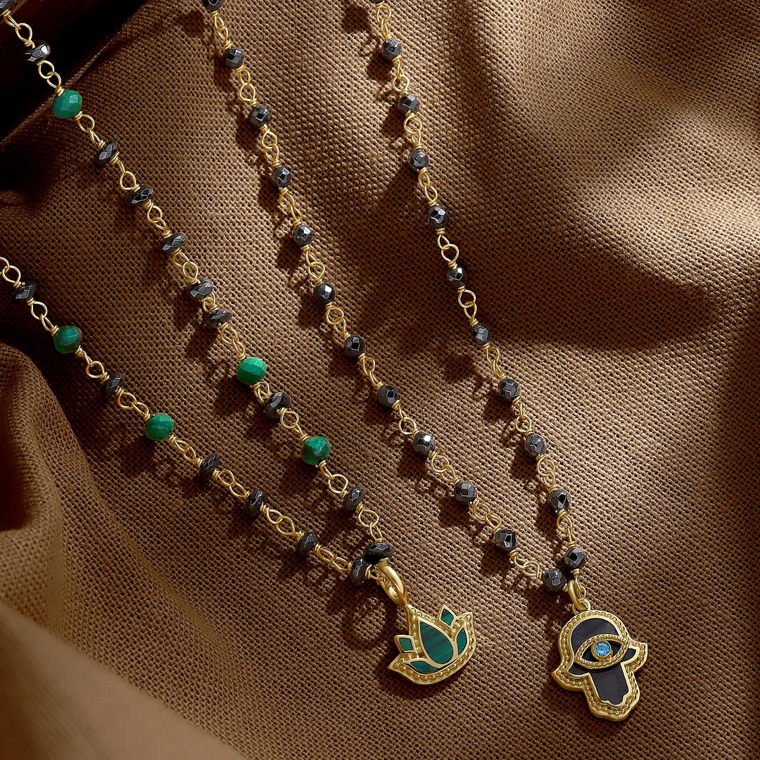 Tranquil Bloom – Lotus Hematite & Malachite Necklace