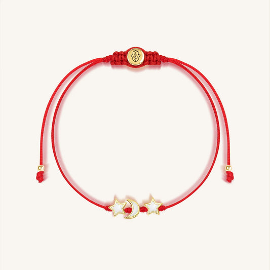 Cosmic Power - White Enamel Moon & Stars Red String Bracelet
