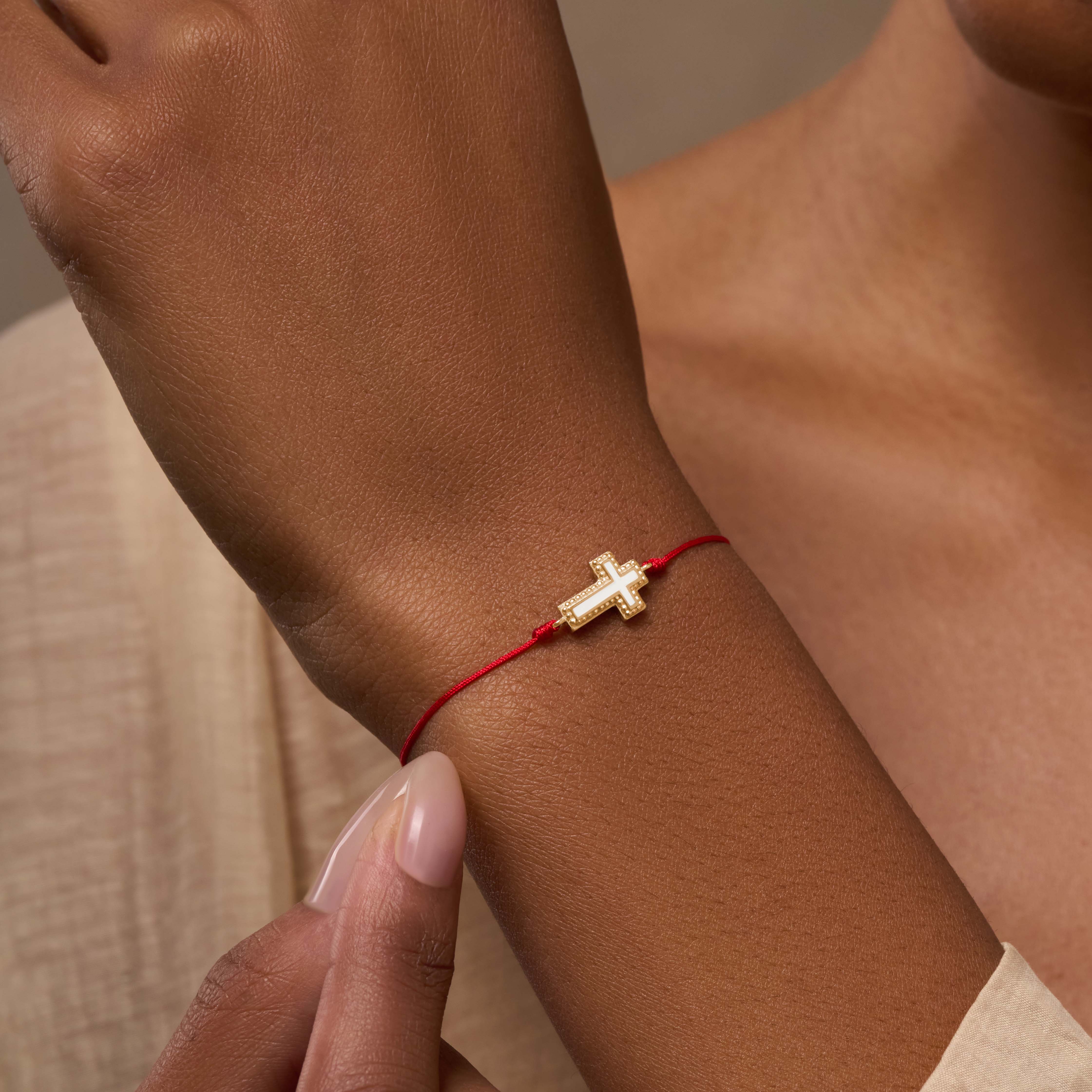 Faithful Abundance Cross Mother of Pearl Red String Bracelet