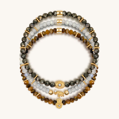 Fierce Spirit - Tiger's Eye Labradorite Pyrite Triple Protection Bracelet Stack