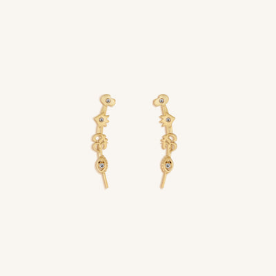 Divinely Guided Multi Symbol Climber Gold Earrings