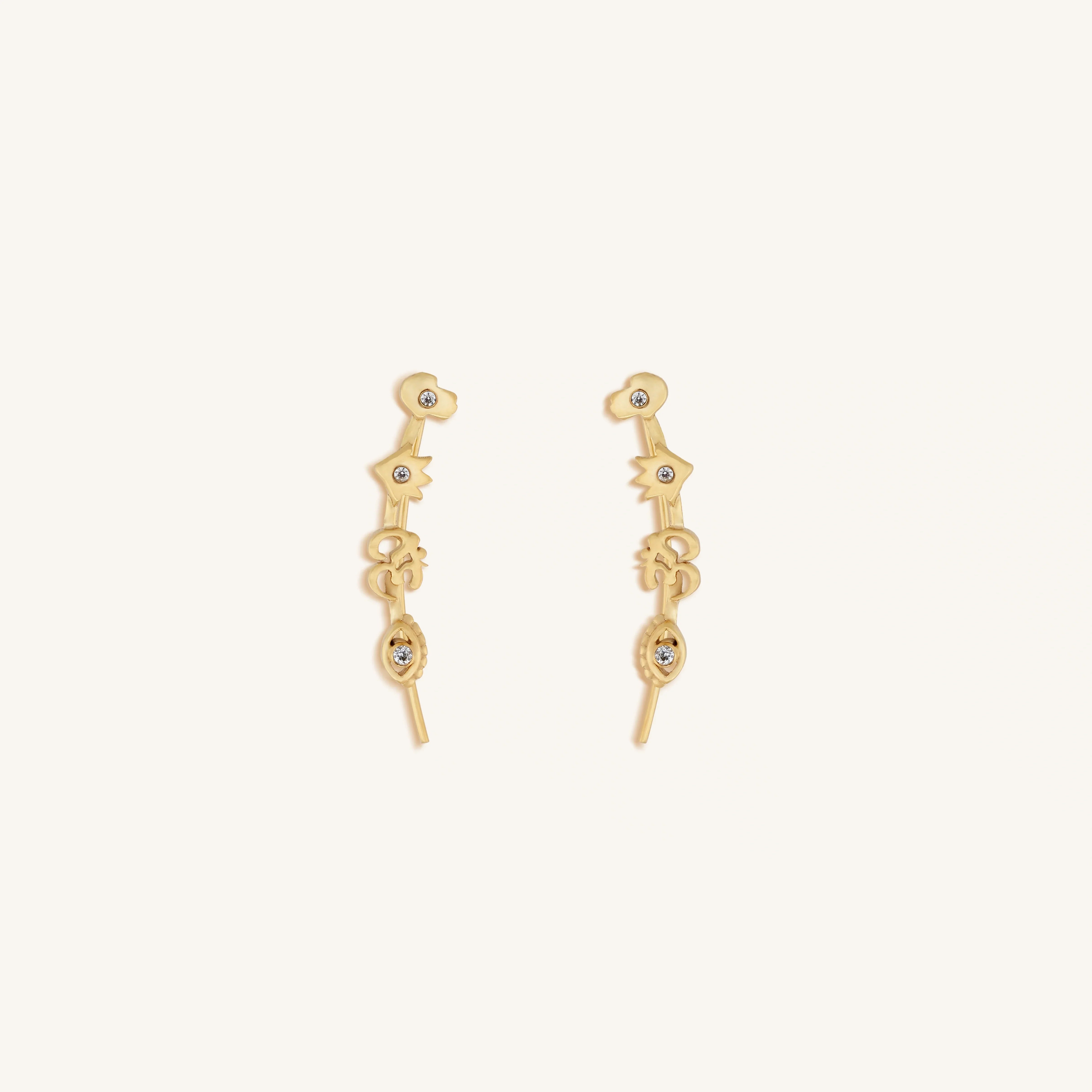 Divinely Guided Multi Symbol Climber Gold Earrings