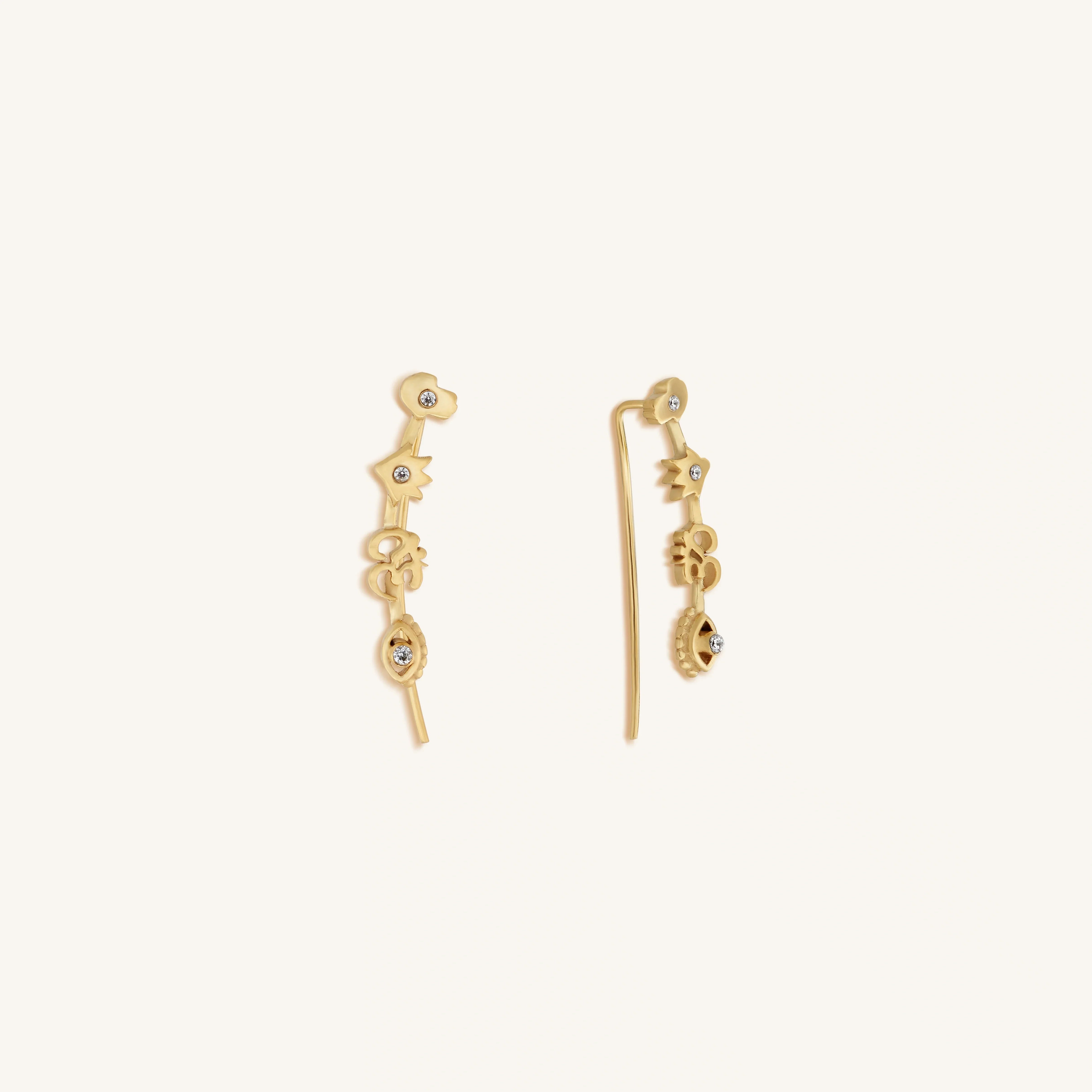 Divinely Guided Multi Symbol Climber Gold Earrings