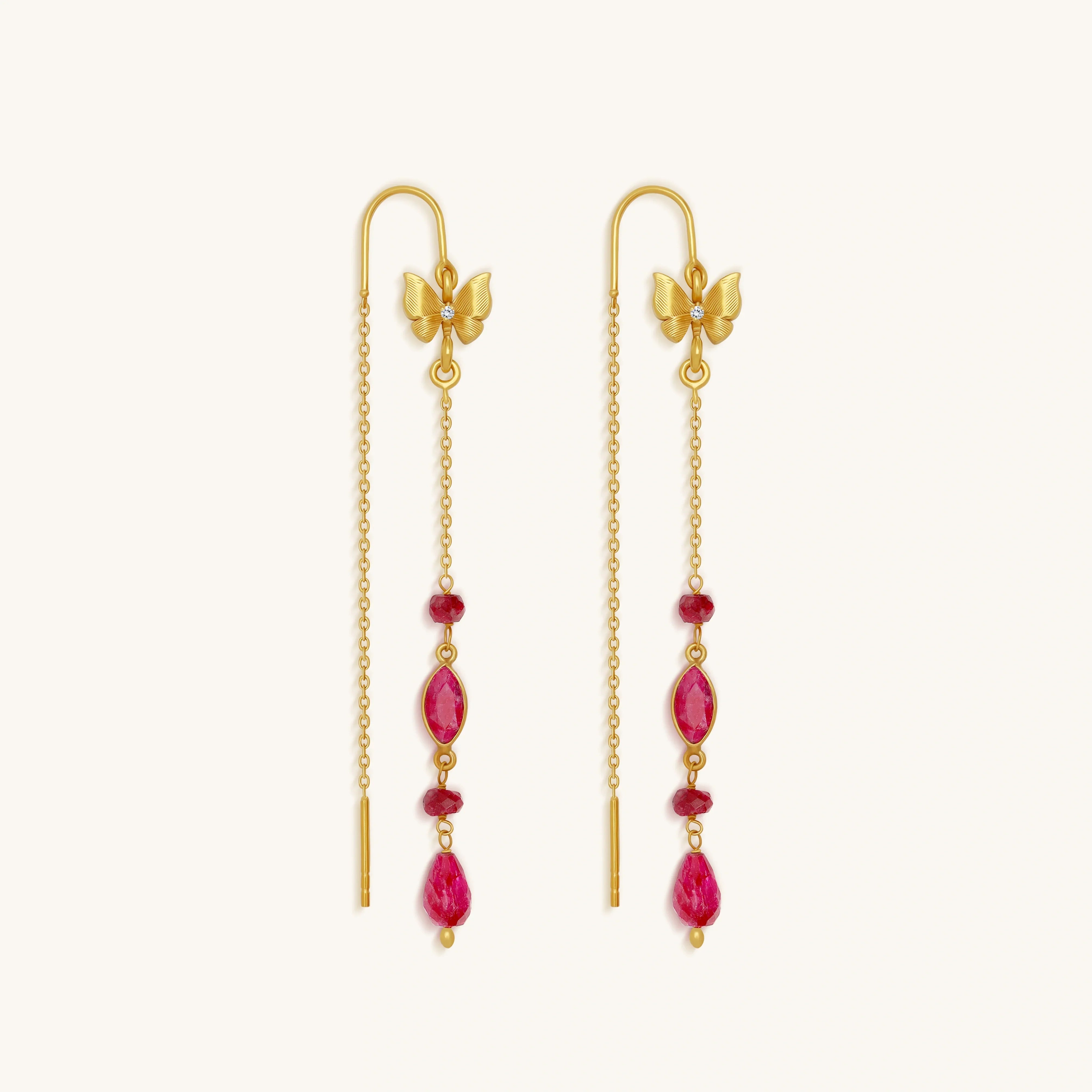 Opulent Soul Ruby Butterfly Gold Drop Earrings