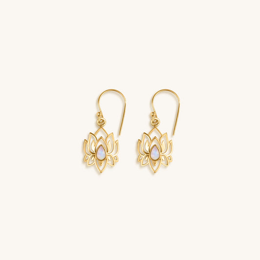 Divine Existence - Gold Lotus Moonstone Earrings