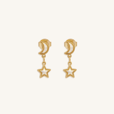 Ethereal Glow Rainbow Moonstone Moon & Star Gold Earrings