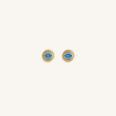 Ocean Watch - Aquamarine March Birthstone Evil Eye Gold Stud Earrings