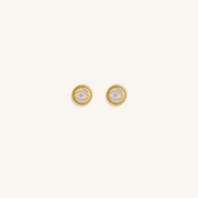 Luminous Shield - White Quartz April Birthstone Evil Eye Gold Stud Earrings