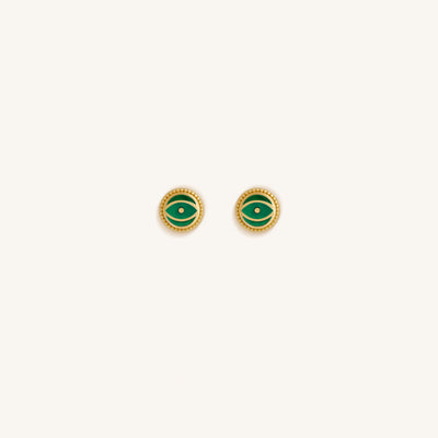 Verdant Guardian - Emerald Agate May Birthstone Evil Eye Gold Stud Earrings