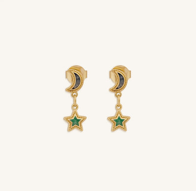 Celestial Vibrations Apatite & Amazonite Moon & Star Gold Earrings