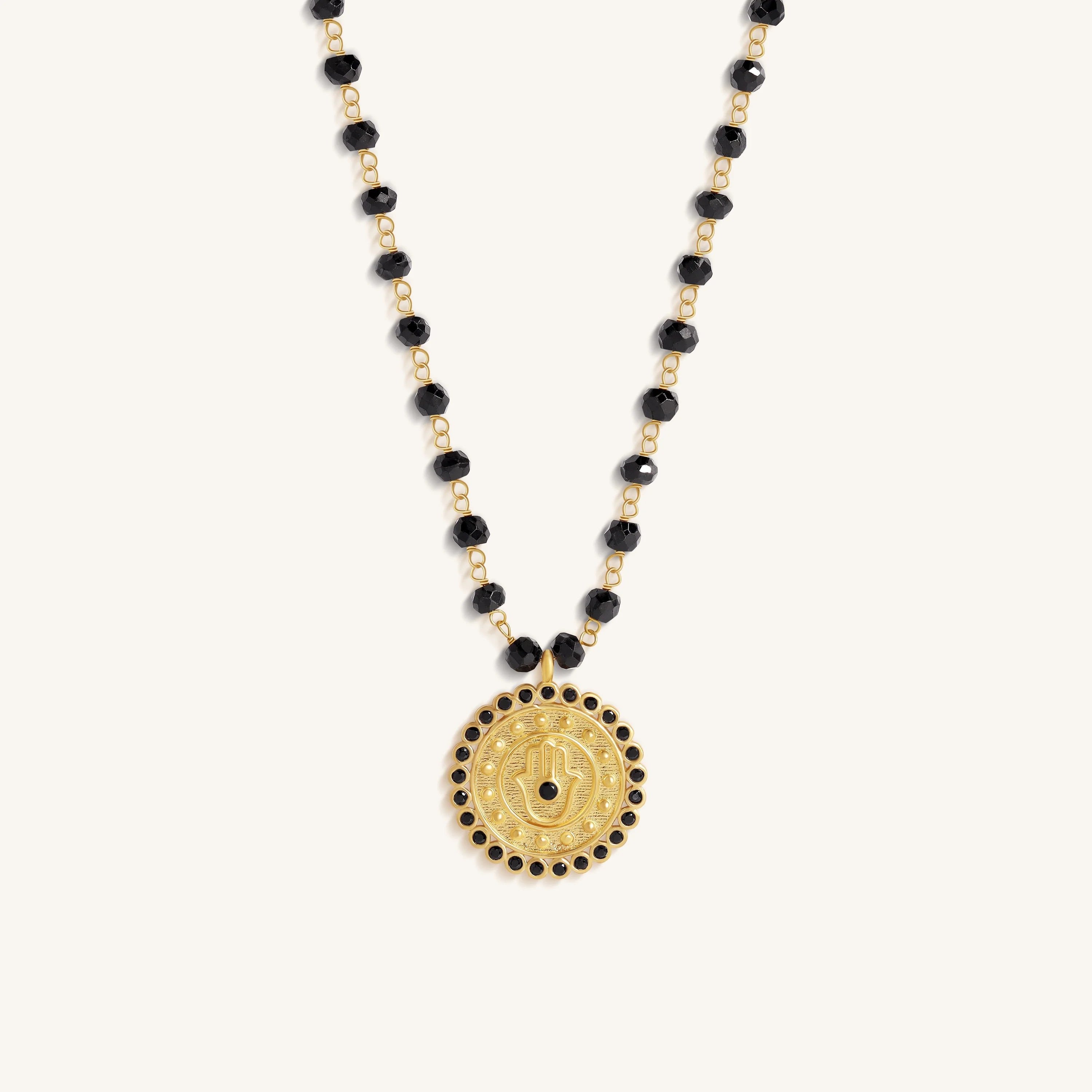 Silent Guard Hamsa Onyx Gold Necklace