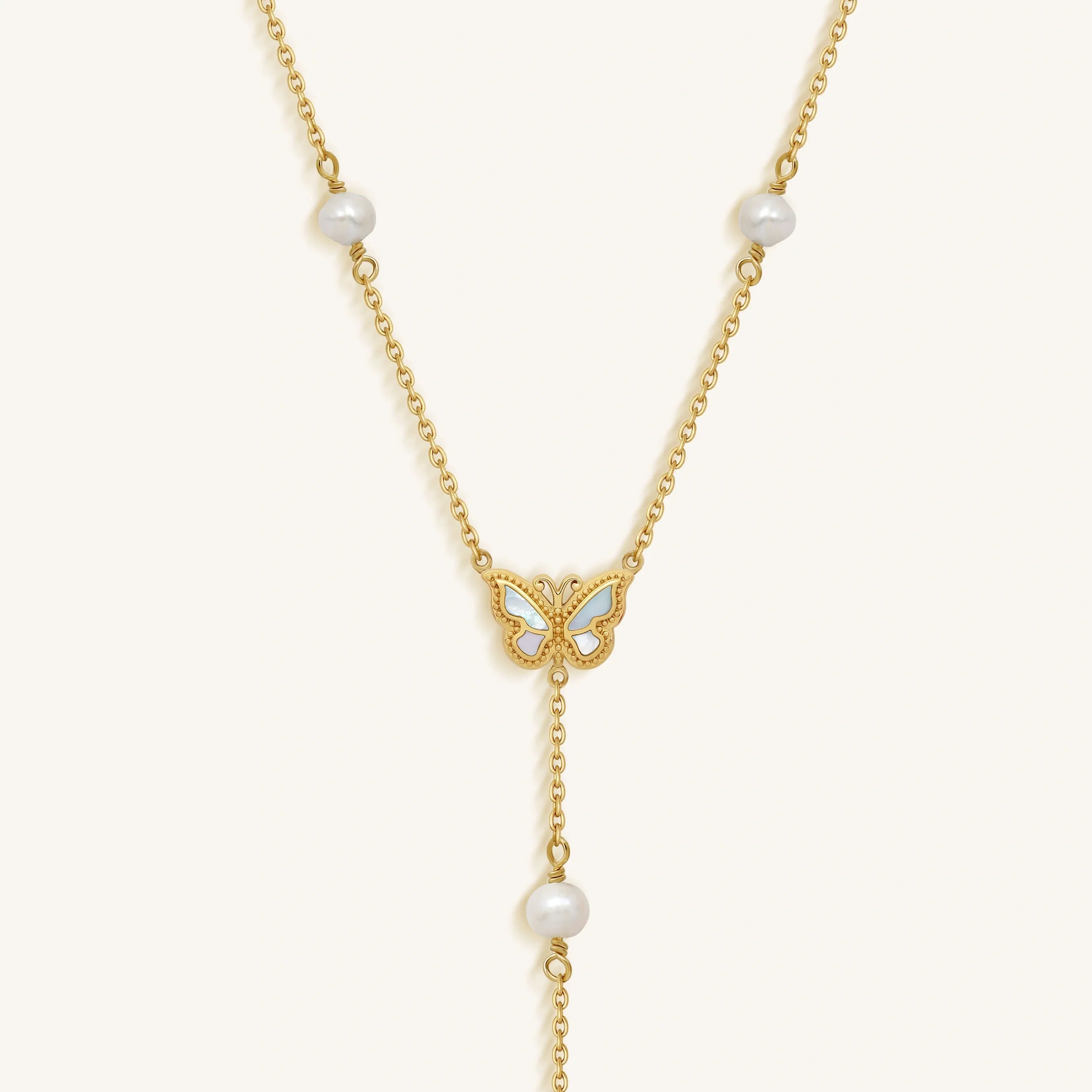 Intuition & Grace Rainbow Moonstone & Pearl Butterfly Gold Necklace