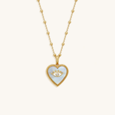 Nurturing Energy White Mother of Pearl Heart & Evil Eye Gold Necklace