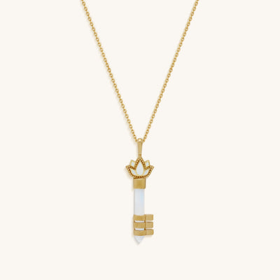Spiritual Awakening Rainbow Moonstone Key & Lotus Gold Necklace
