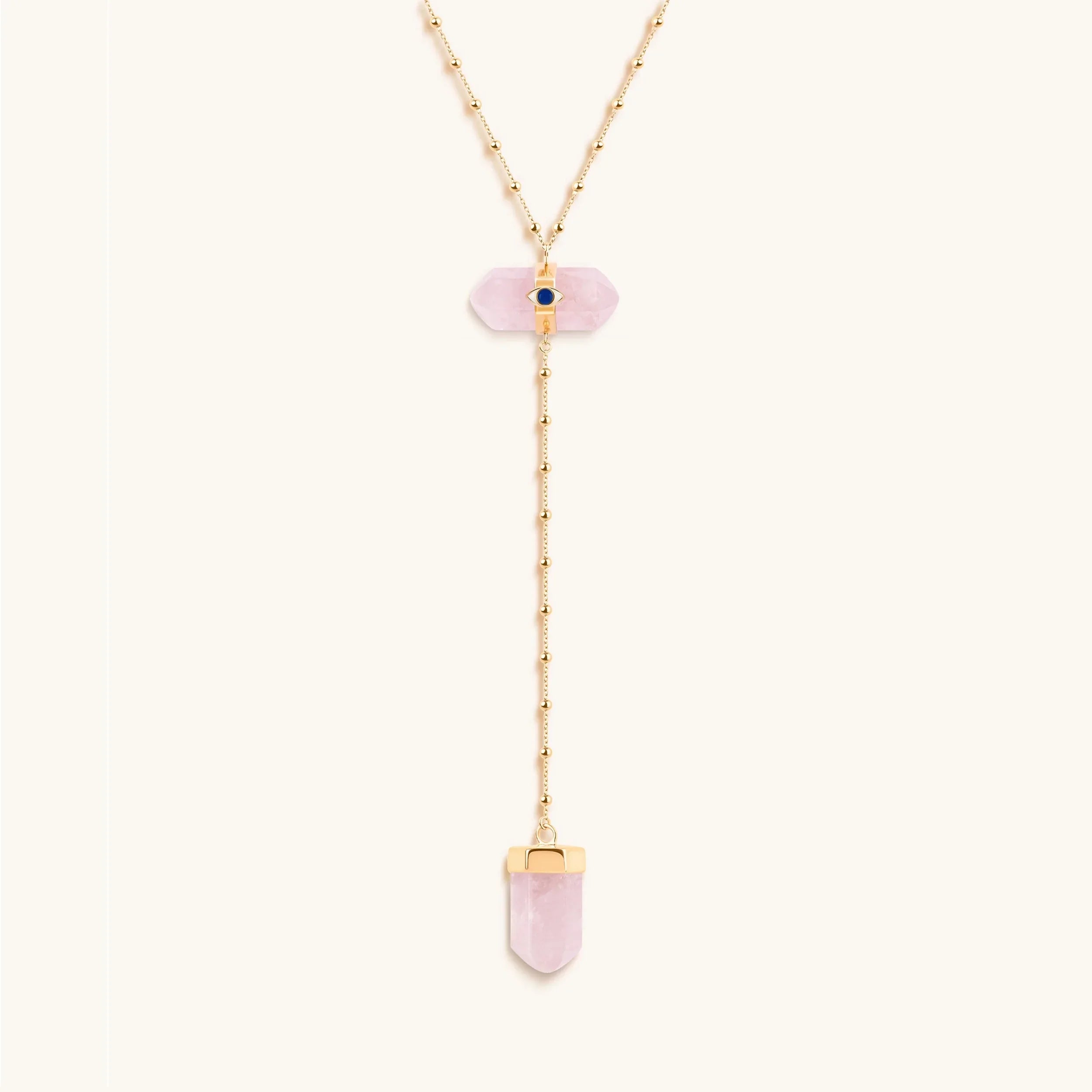 Open Hearted - Gold Rose Quartz Evil Eye Double Pointer Necklace
