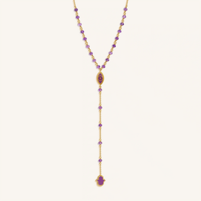 Guardian Spirit Amethyst Hamsa & Evil Eye Gold Necklace