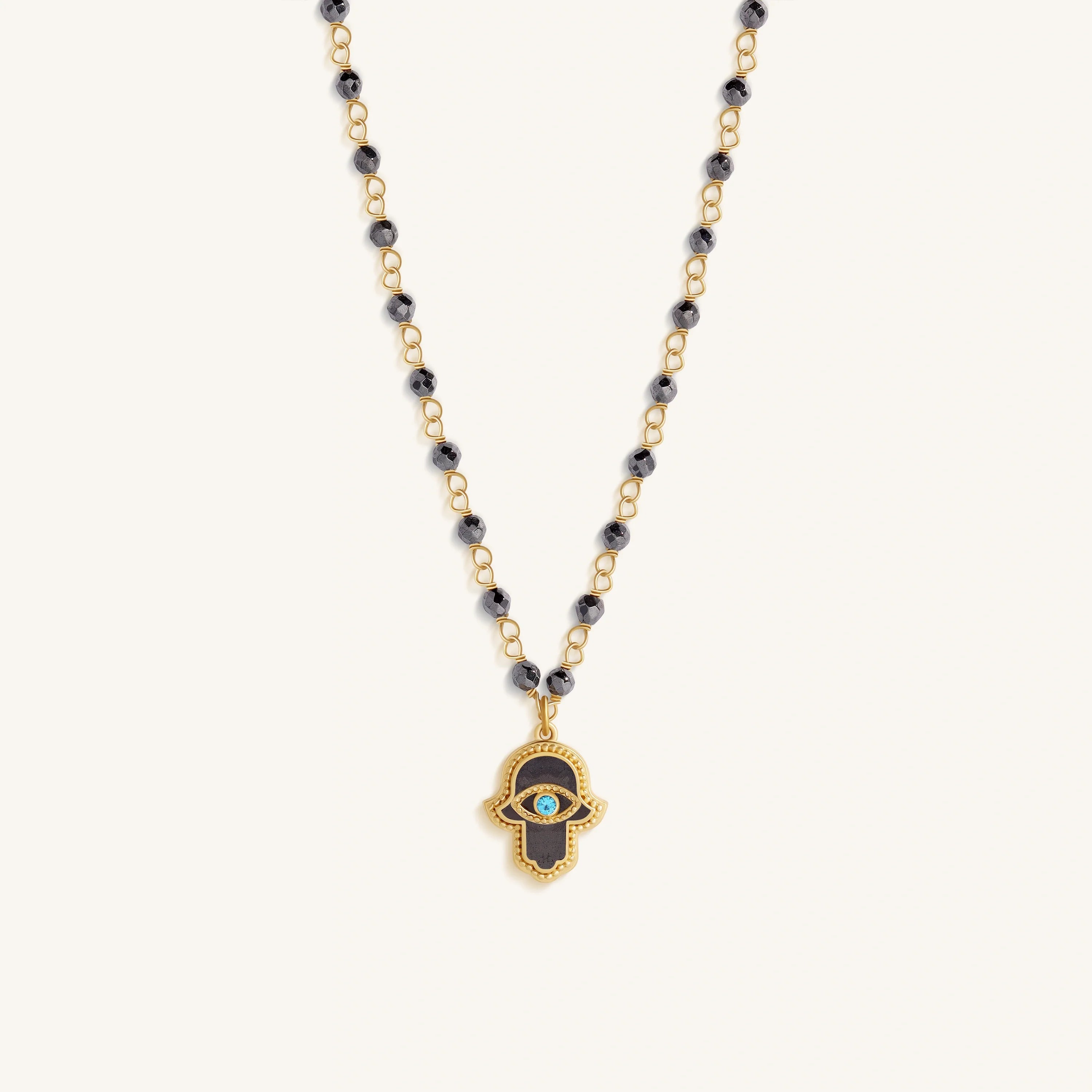 Celestial Flow – Hamsa Hematite & Aquamarine Necklace