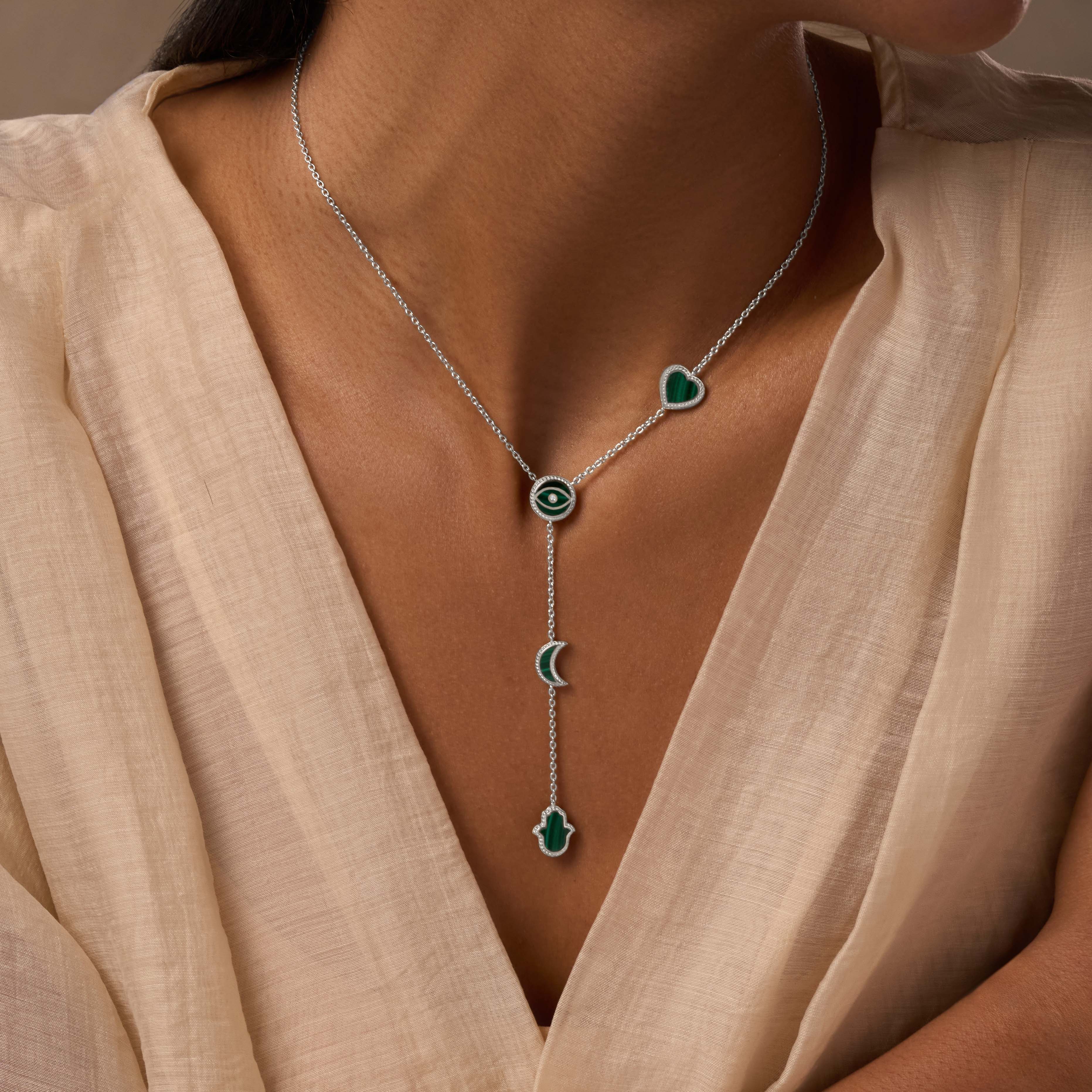 Celestial Guidance Malachite Multi-Symbol Silver Necklace