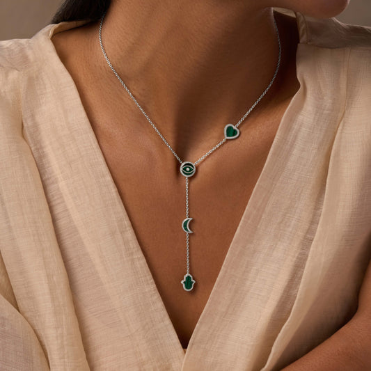 Celestial Guidance Malachite Multi-Symbol Silver Necklace