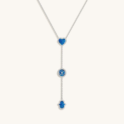 Heart’s Serenity Blue Opal Multi-Symbol Silver Necklace