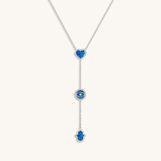 Heart’s Serenity Blue Opal Multi-Symbol Silver Necklace