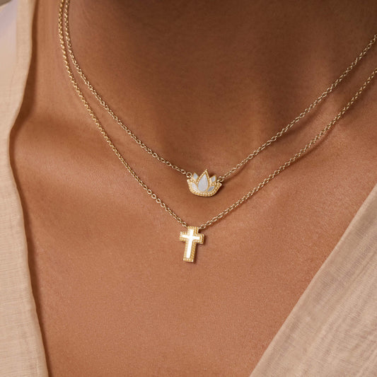 Sweet Surrender Mother of Pearl Cross Gold Necklace